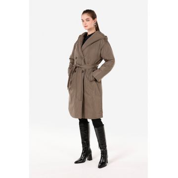Palton petrecut cu doua randuri de nasturi si gluga - Maro inchis