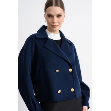 Palton scurt din amestec de lana cu nasturi metalici - Bleumarin