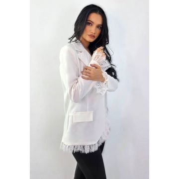 Sacou lung, elegant KISHA Pastel, cu garnituri din dantela, Alb, Marime S/M