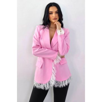 Sacou lung, elegant KISHA Pastel, cu garnituri din dantela, Roz, Marime S/M