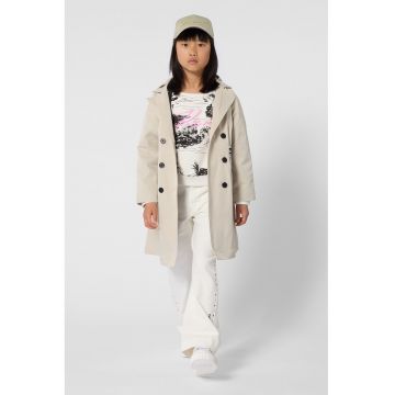 Trenci cu gluga si detalii plisate - Negru/Bej deschis