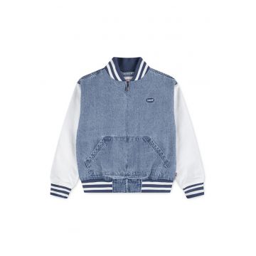 Jacheta bomber din denim cu fermoar si logo - Alb/Albastru deschis