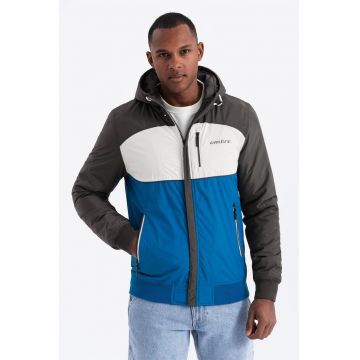 Jacheta cu gluga si fermoar - Alb/Albastru royal/Gri inchis