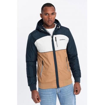 Jacheta cu gluga si fermoar - Alb/Maro taupe/Bleumarin