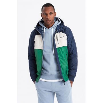 Jacheta cu gluga si fermoar - Alb/Verde/Albastru petrol