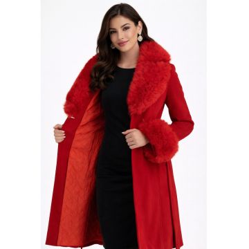 Palton cambrat din stofa cu insertii detasabile din blana ecologica Rosu - Rosu
