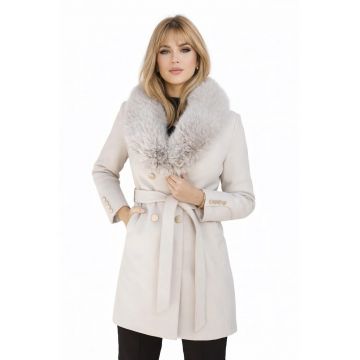Palton dama din lana - croi cambrat - cu guler detasabil din blana ecologica Crem - Crem