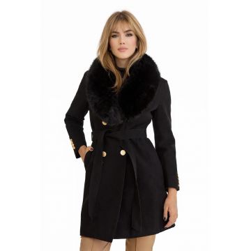 Palton dama din lana - croi cambrat - cu guler detasabil din blana ecologica Crem - Negru