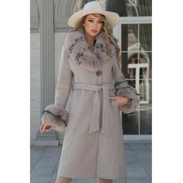 Palton dama din lana cu croi drept si blana ecologica detasabila - Bej - Bej