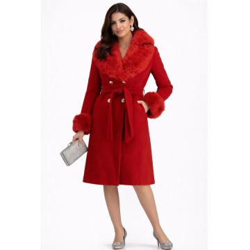 Palton dama din stofa cambrat - cu guler din blana ecologica detasabil Rosu - Rosu