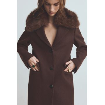 Palton din amestec de lana cu buzunare - Maro inchis