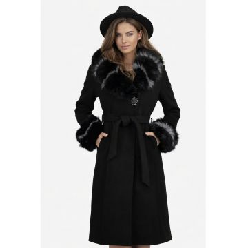Palton din lana cu croi drept si blana ecologica detasabila - Negru - Negru