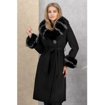Palton din lana cu croi drept si blana ecologica detasabila - Negru - Negru