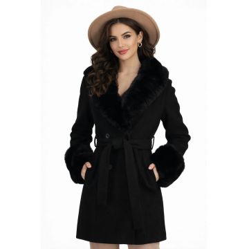 Palton negru din stofa cu blana ecologica la guler si mansete