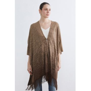 Poncho cu model si franjuri - Maro melange