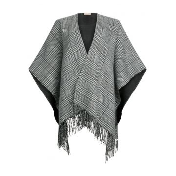 Poncho in carouri cu franjuri - Gri