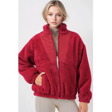 Geaca dama -  blana artificiala - gluga - rosu - poliester -