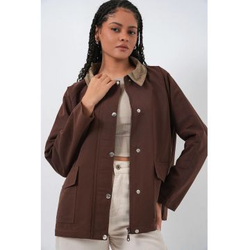 Geaca dama  inchidere cu nasturi - maro - textil