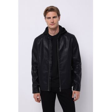 Jacheta biker de piele ecologica cu fermoar - Negru