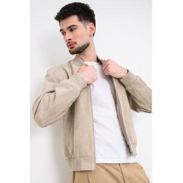Jacheta bomber din piele intoarsa cu buzunar interior - Bej deschis