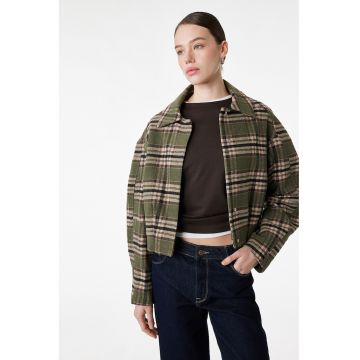 Jacheta-camasa in carouri cu capse - Negru/Bej nisip/Verde masliniu inchis