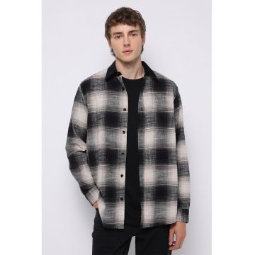 Jacheta-camasa in carouri cu nasturi - Negru stins/Bej deschis