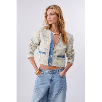 Jacheta crop cu detalii din denim - Albastru lavanda/Albastru