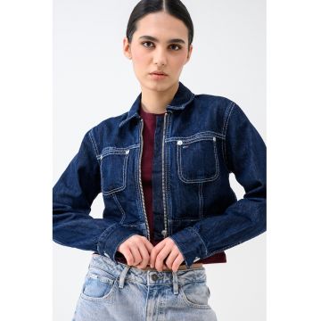 Jacheta crop din denim cu fermoar - Bleumarin