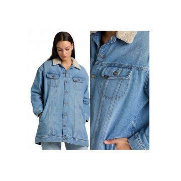 Jacheta Dama -  Elongated Sherpa Rider - Regular Fit - Design Clasic - Maneci Lungi - 2 Buzunare - Cu Nasturi - Bumbac - XS INTL - Albastru