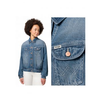 Jacheta Dama -  Jumbo Trucker Jacket - Regular Fit - Design Clasic - Maneci Lungi - 2 Buzunare - Cu Nasturi - Bumbac - Albastru - Albastru