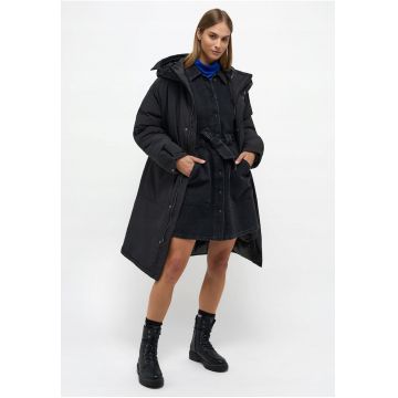Jacheta Dama -  Long Parka - Regular Fit - Design Clasic - Maneci Lungi - 2 Buzunare - Cu Fermoar - Bumbac - Negru - Negru