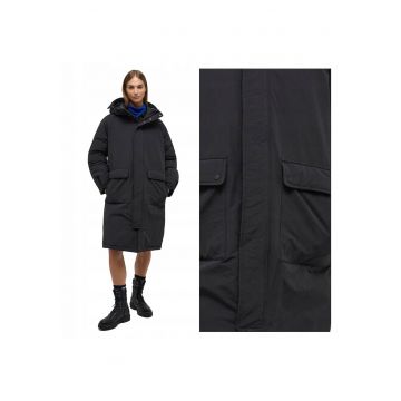 Jacheta Dama -  Long Parka - Regular Fit - Design Clasic - Maneci Lungi - 2 Buzunare - Cu Fermoar - Bumbac - Negru - Negru