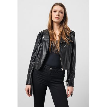 Jacheta de piele ecologica cu franjuri - Negru