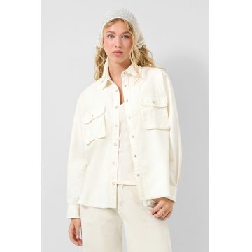 Jacheta din denim cu buzunare pe piept - Crem