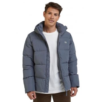 Jacheta puffer  gri deschis - cu gluga - maneci elastice - cu 2 buzunare cu fermoar - poliester -