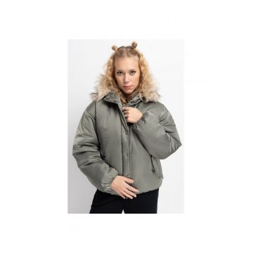 Jacheta uni cu gluga si garnitura din blana sintetica -