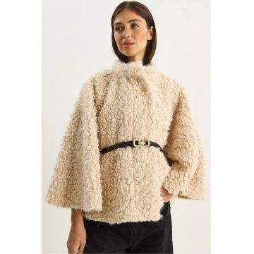 Palton dama -  oversize - guler tip jacheta - crem natural - textil -