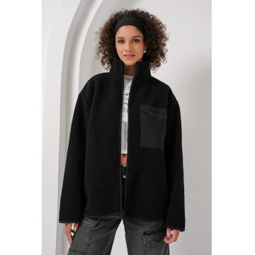 Palton dama  supradimensionat - blana artificiala - negru - textilwqfwqd - Negru