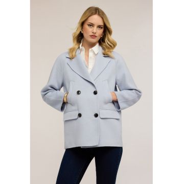 Palton din amestec de lana cu model cu doua randuri de nasturi - Albastru glaciar