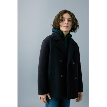 Palton din amestec de lana cu model uni - Albastru ultramarin