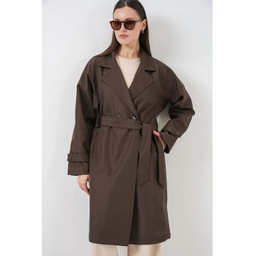 Trenci dama -  lung cu curea si guler - maro - textil