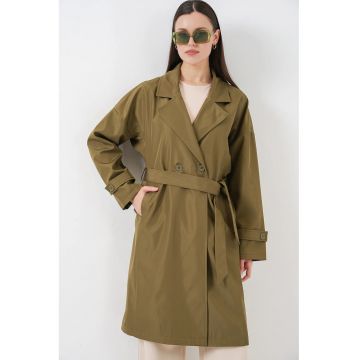 Trenci dama -  lung cu curea si guler - verde kaki - textil