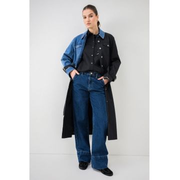 Trenci long cu insertii de denim - Negru/Albastru